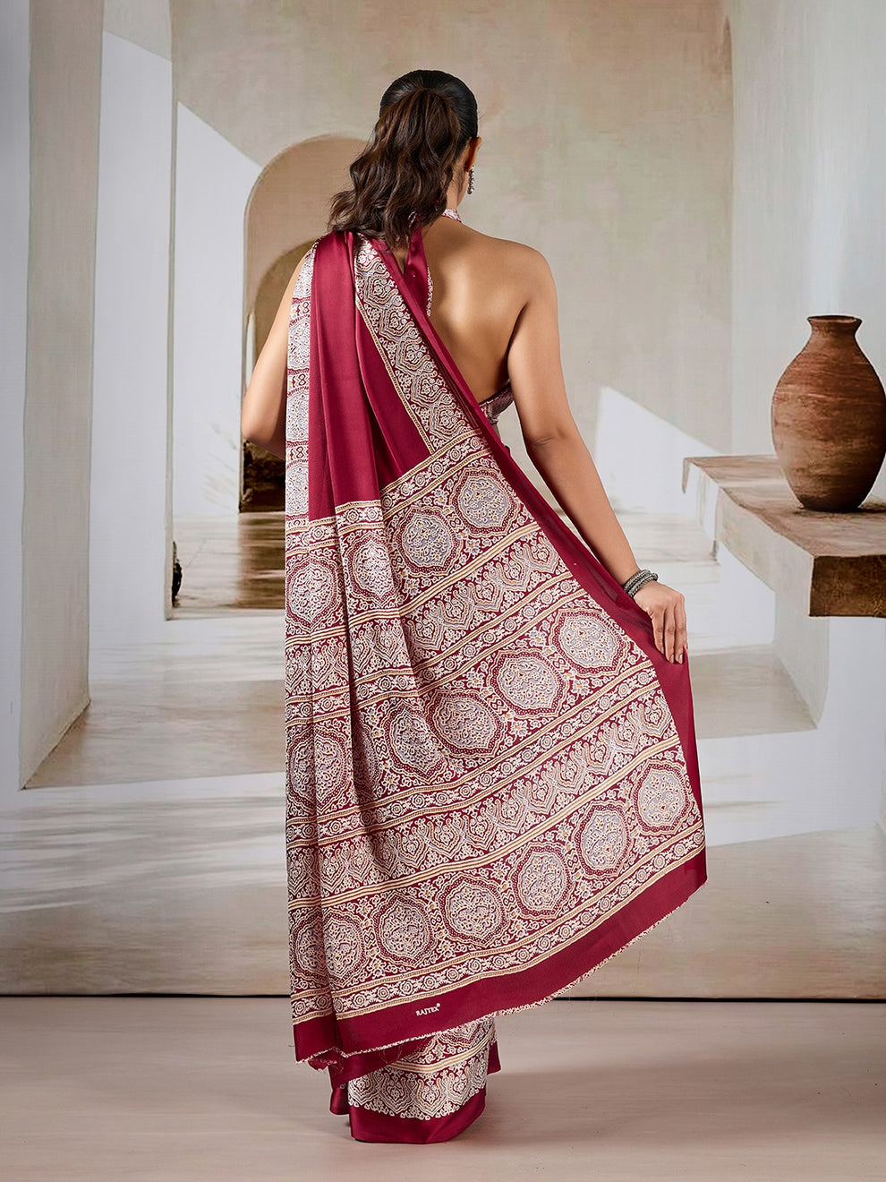 Maroon Pure Soft Modal Satin Ajrakh Print Satin Saree Japan Satin Saree Anant Tex Exports Pvt.Ltd..