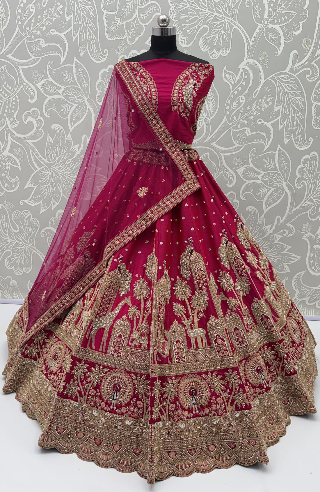 Red Pure Premium Gharwal Siik Peacock &amp; Giraffe Thread &amp; Zari Handwork Crystal Motif 
Sequins Work Bridal Lehenga Choli