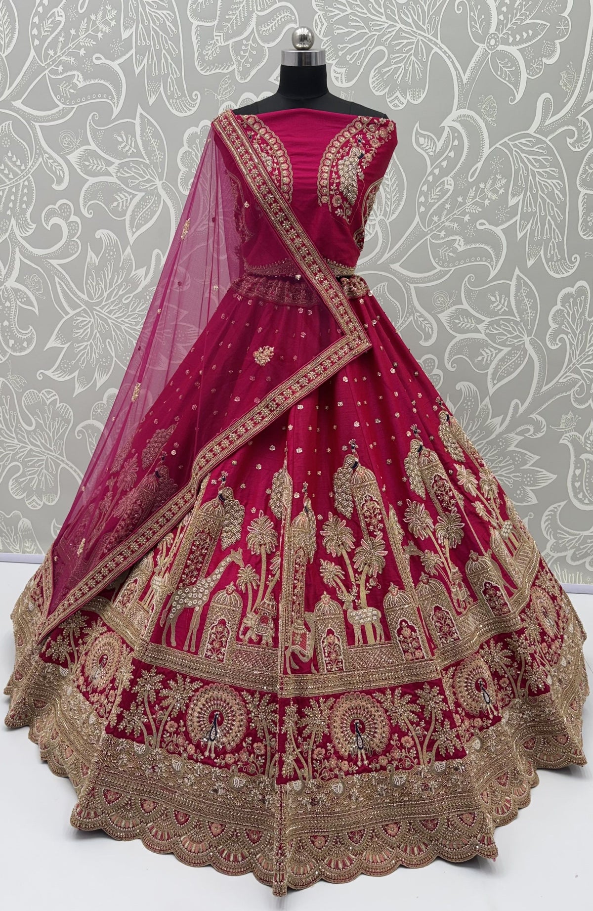 Red Pure Premium Gharwal Siik Peacock &amp; Giraffe Thread &amp; Zari Handwork Crystal Motif 
Sequins Work Bridal Lehenga Choli
