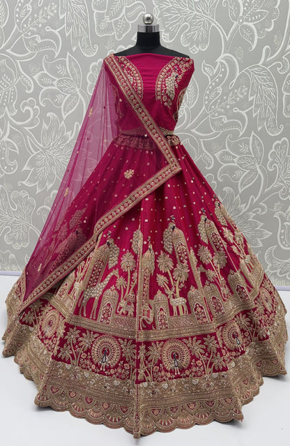 Red Pure Premium Gharwal Siik Peacock &amp; Giraffe Thread &amp; Zari Handwork Crystal Motif 
Sequins Work Bridal Lehenga Choli