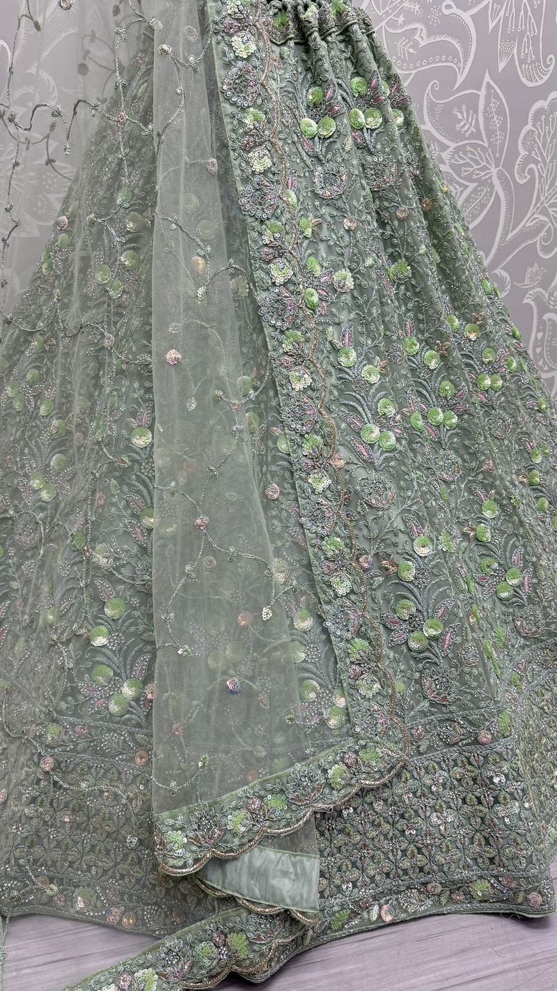 Pista Pure Soft Net Heavy Embroidery Work Bridal Lehenga 