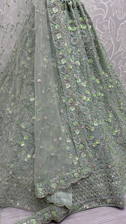 Pista Pure Soft Net Heavy Embroidery Work Bridal Lehenga 