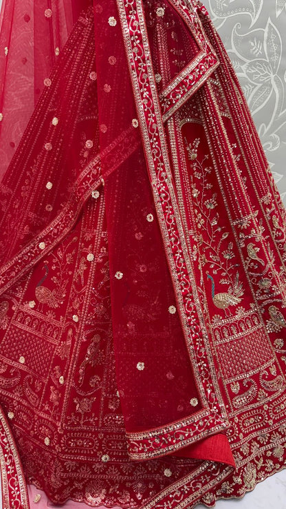 Red Pure Soft Silk Heavy Embroidery Work Bridal Lehenga 