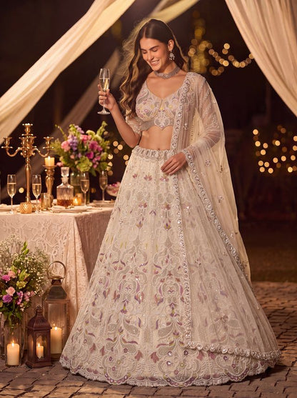 White Pure Heavy Net Motif Handwork Zari Sequins Work Bridal Lehenga Choli