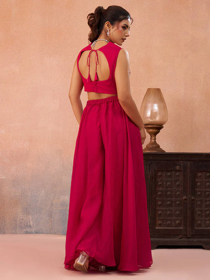 Pink Organza Embroidered Co-Ord Set with Cape for Women