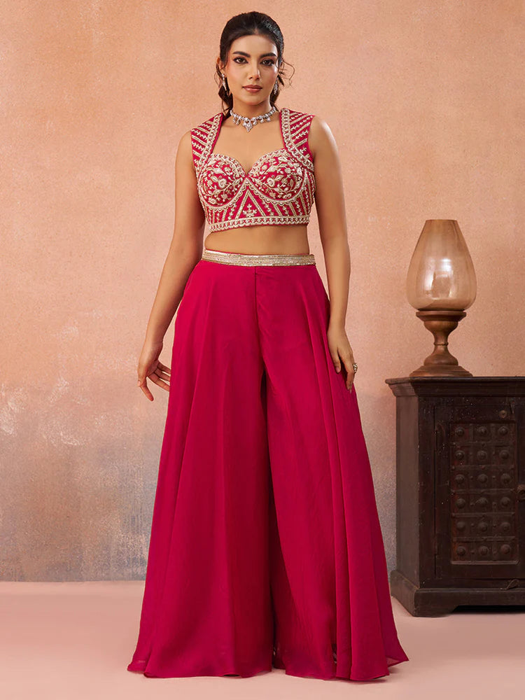 Pink Organza Embroidered Co-Ord Set with Cape for Women