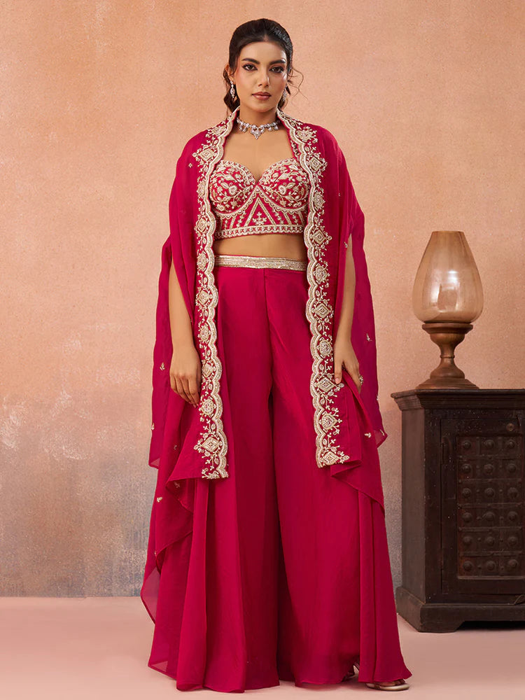 Pink Organza Embroidered Co-Ord Set with Cape for Women