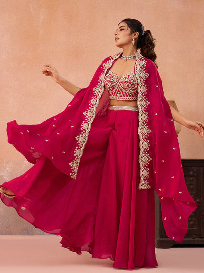 Pink Organza Embroidered Co-Ord Set with Cape for Women