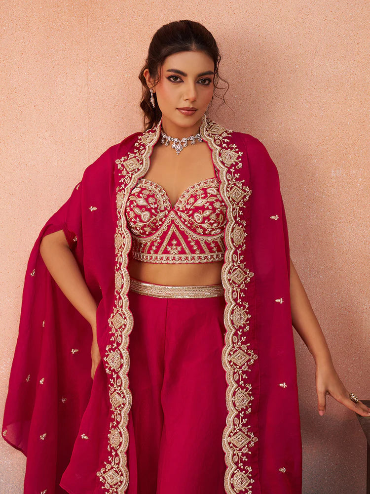 Pink Organza Embroidered Co-Ord Set with Cape for Women