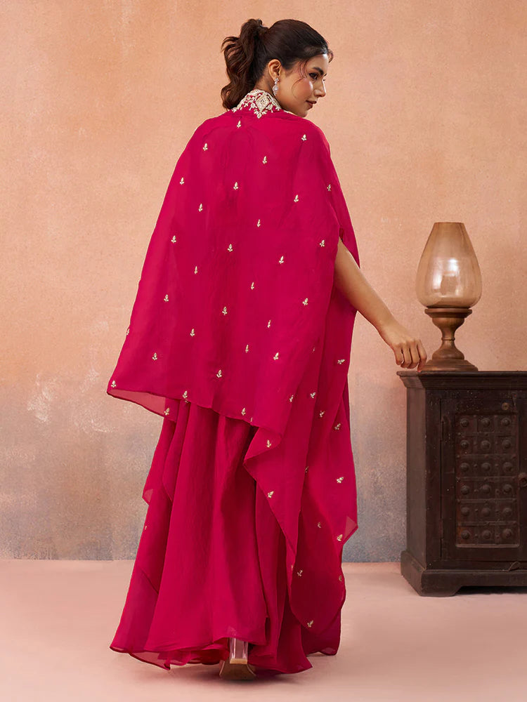 Pink Organza Embroidered Co-Ord Set with Cape for Women