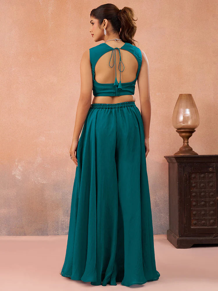 Teal Blue Organza Embroidered Co-Ord Set with Cape for Women