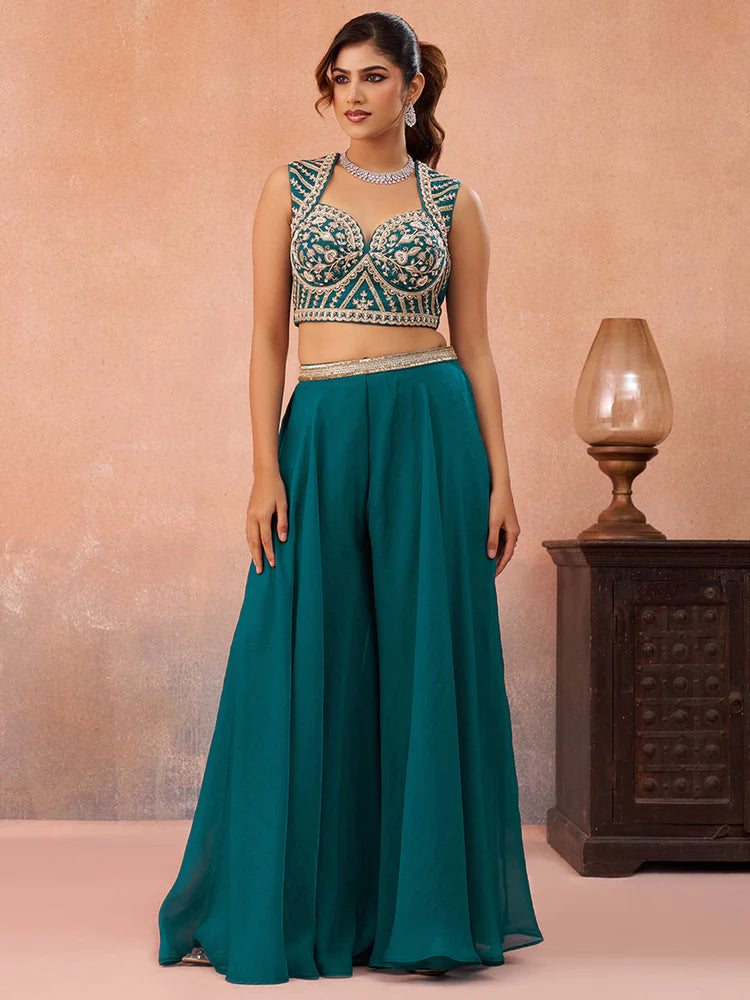 Teal Blue Organza Embroidered Co-Ord Set with Cape for Women