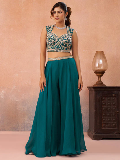 Teal Blue Organza Embroidered Co-Ord Set with Cape for Women