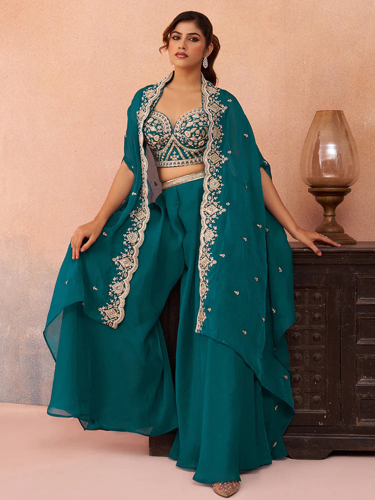 Teal Blue Organza Embroidered Co-Ord Set with Cape for Women