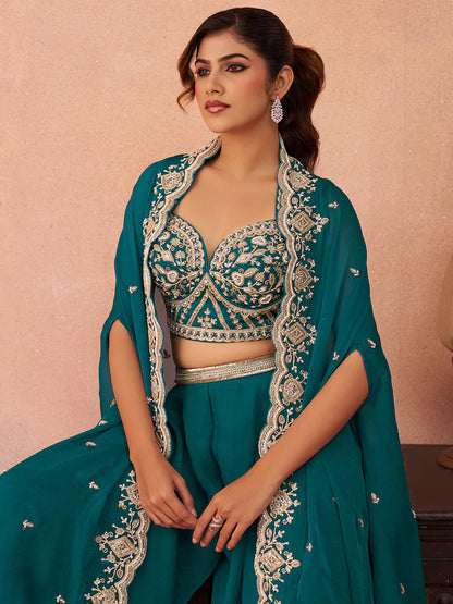 Teal Blue Organza Embroidered Co-Ord Set with Cape for Women