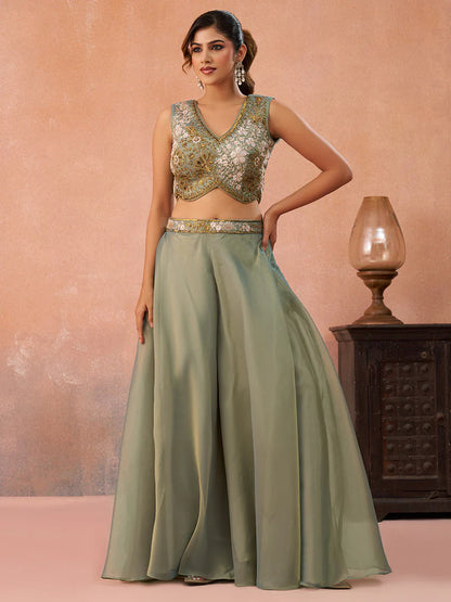 Sage Green Tissue Co-Ord Set with Embroidered Crop Top for Women