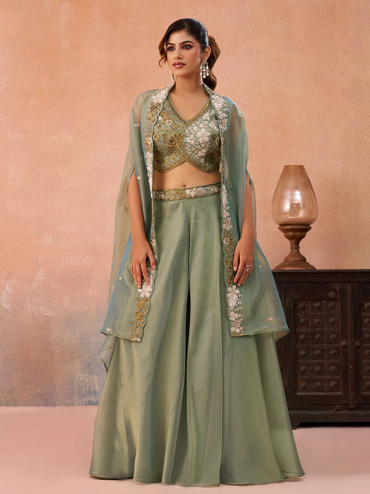 Sage Green Tissue Co-Ord Set with Embroidered Crop Top for Women