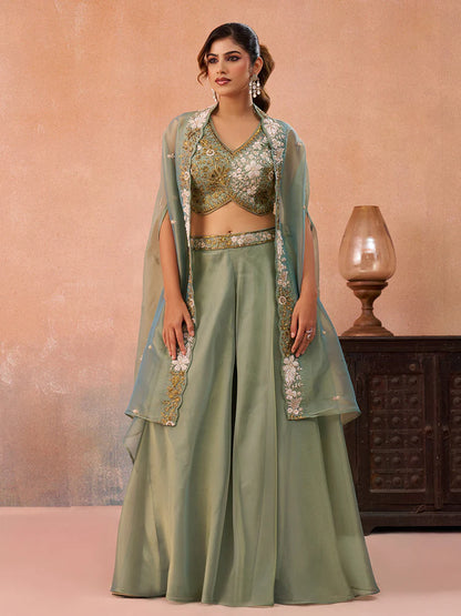 Sage Green Tissue Co-Ord Set with Embroidered Crop Top for Women