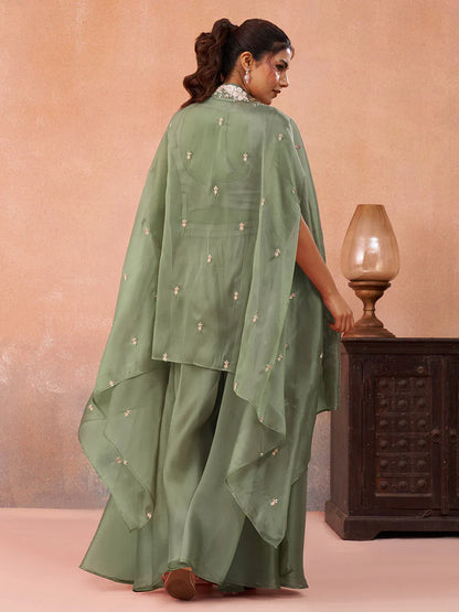 Sage Green Tissue Co-Ord Set with Embroidered Crop Top for Women