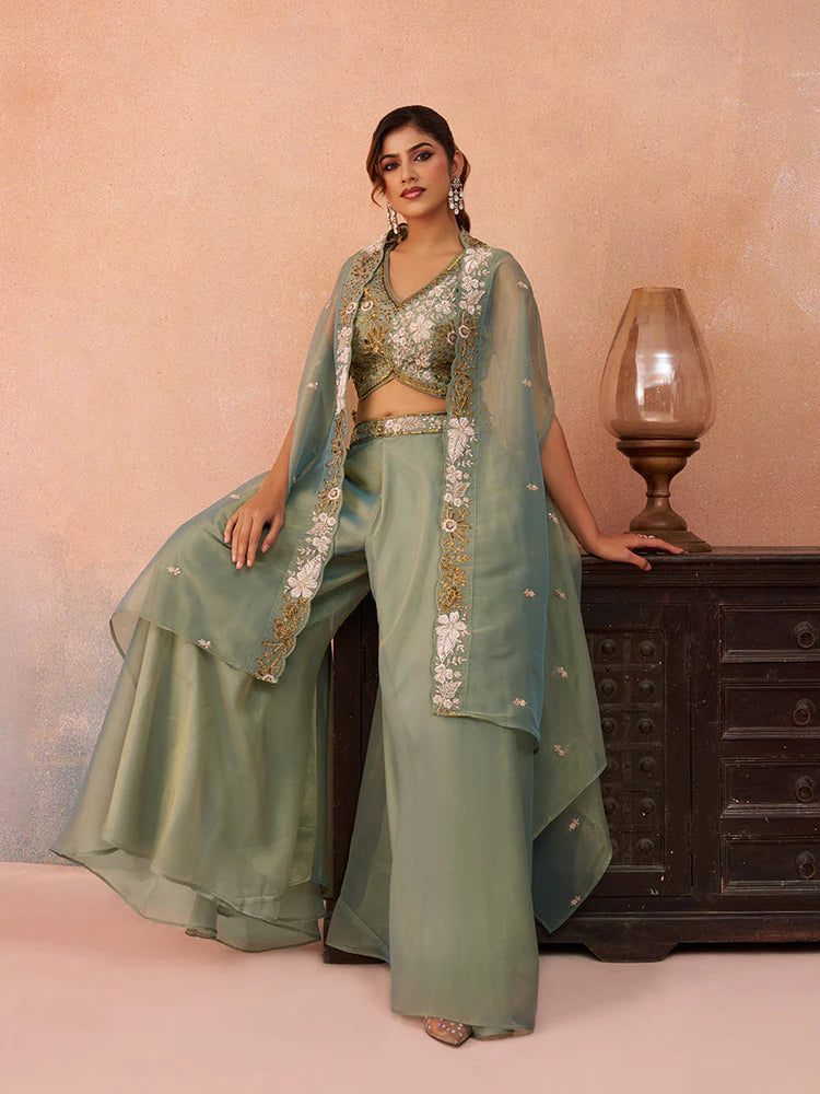 Sage Green Tissue Co-Ord Set with Embroidered Crop Top for Women