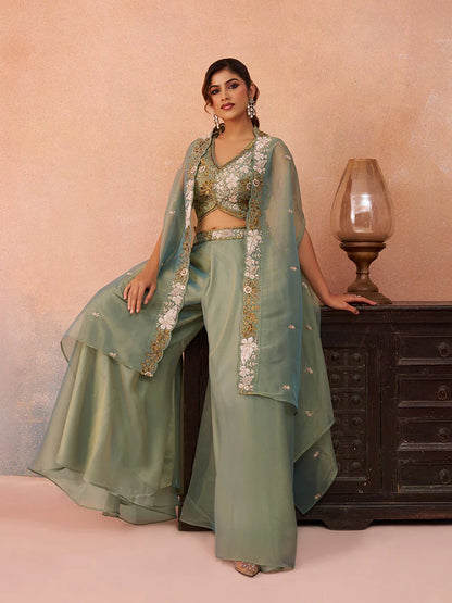 Sage Green Tissue Co-Ord Set with Embroidered Crop Top for Women