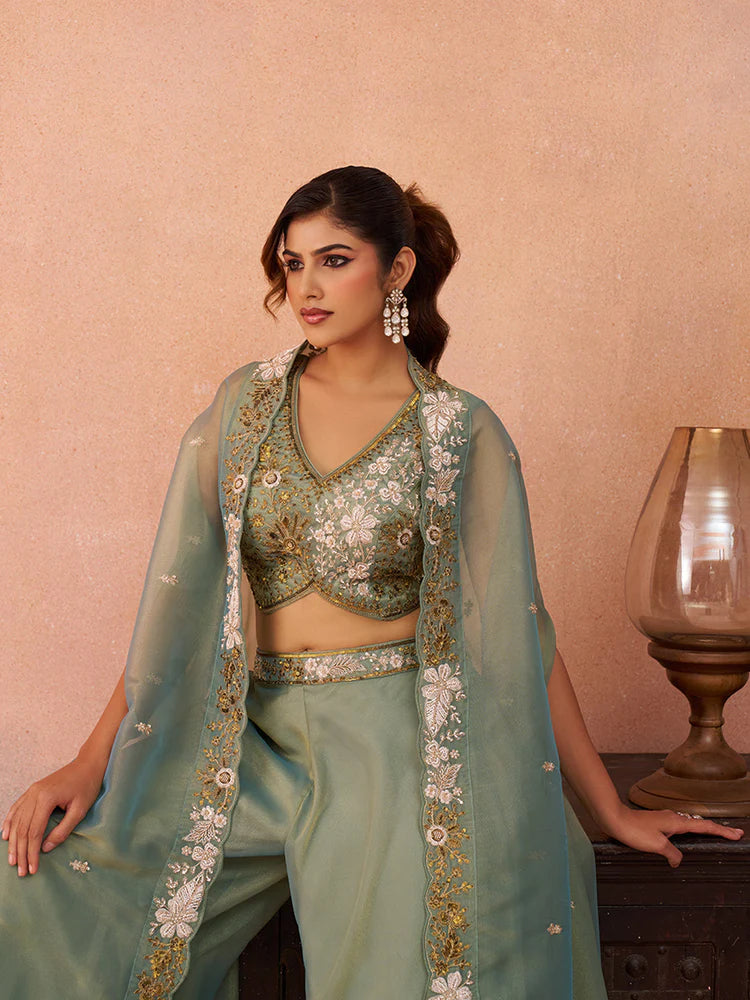 Sage Green Tissue Co-Ord Set with Embroidered Crop Top for Women