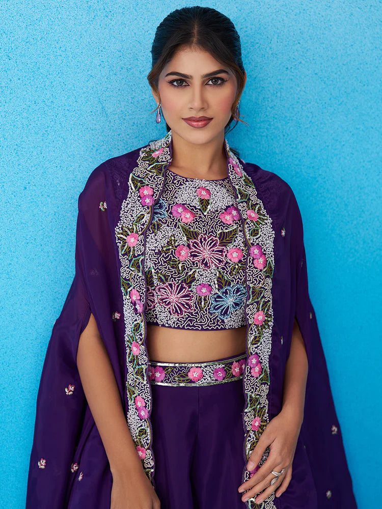 Purple Crepe Co-Ord Set with Embroidered Crop Top 