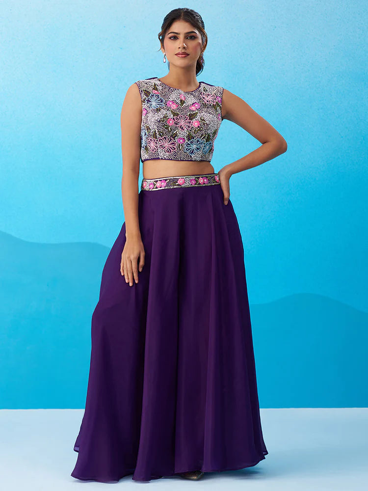 Purple Crepe Co-Ord Set with Embroidered Crop Top 