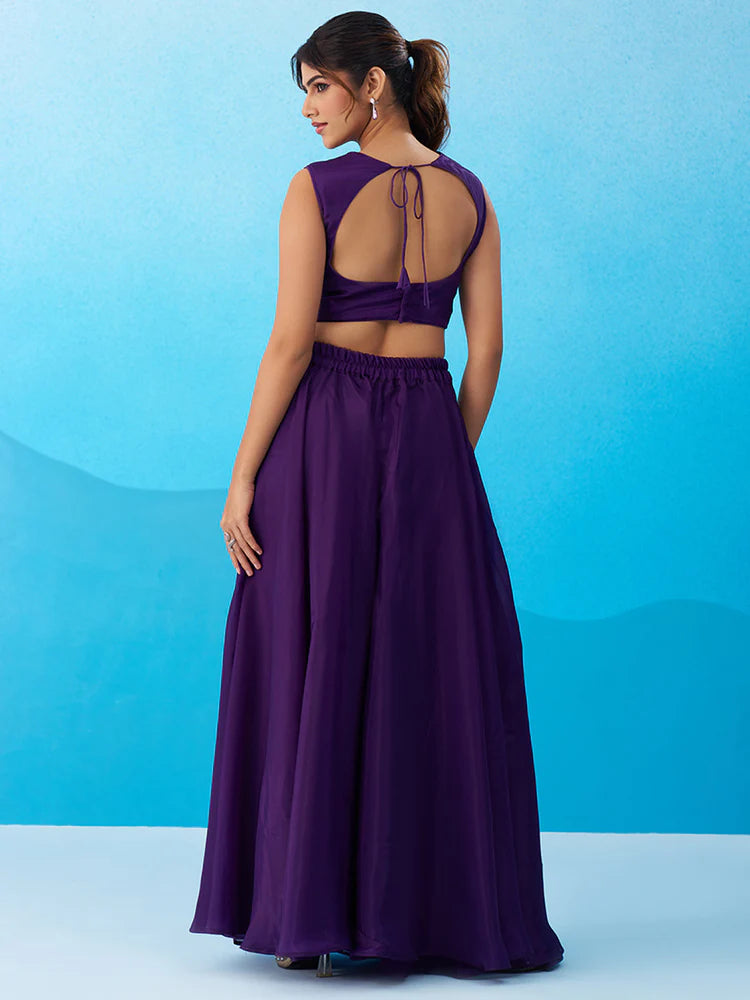 Purple Crepe Co-Ord Set with Embroidered Crop Top 