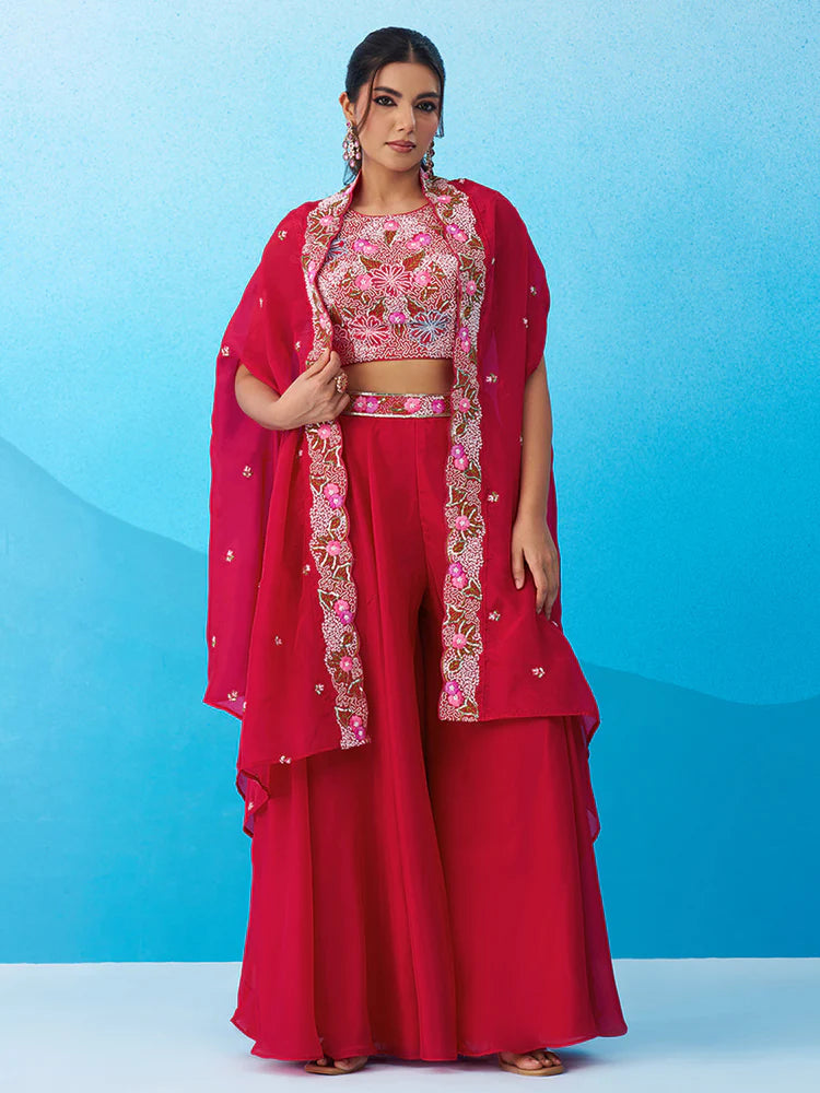 Rani Pink Crepe Co-Ord Set with Embroidered Crop Top 