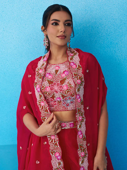 Rani Pink Crepe Co-Ord Set with Embroidered Crop Top 