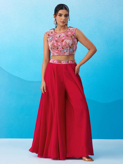 Rani Pink Crepe Co-Ord Set with Embroidered Crop Top 