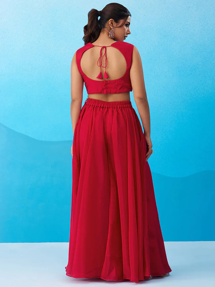 Rani Pink Crepe Co-Ord Set with Embroidered Crop Top 