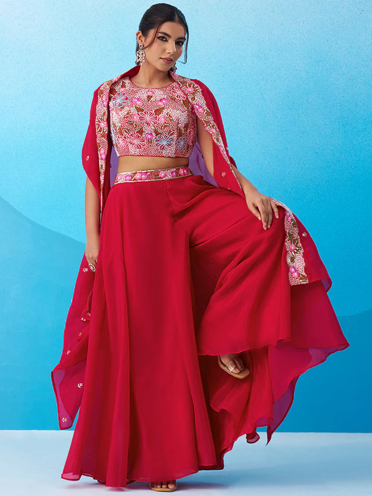 Rani Pink Crepe Co-Ord Set with Embroidered Crop Top 