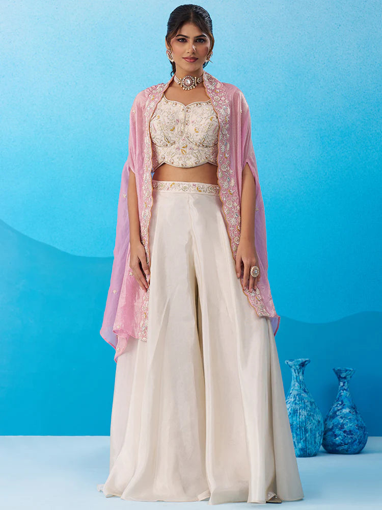 Cream &amp; Pink Embroidered Co-Ord Set with Cape