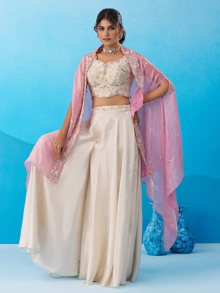 Cream &amp; Pink Embroidered Co-Ord Set with Cape