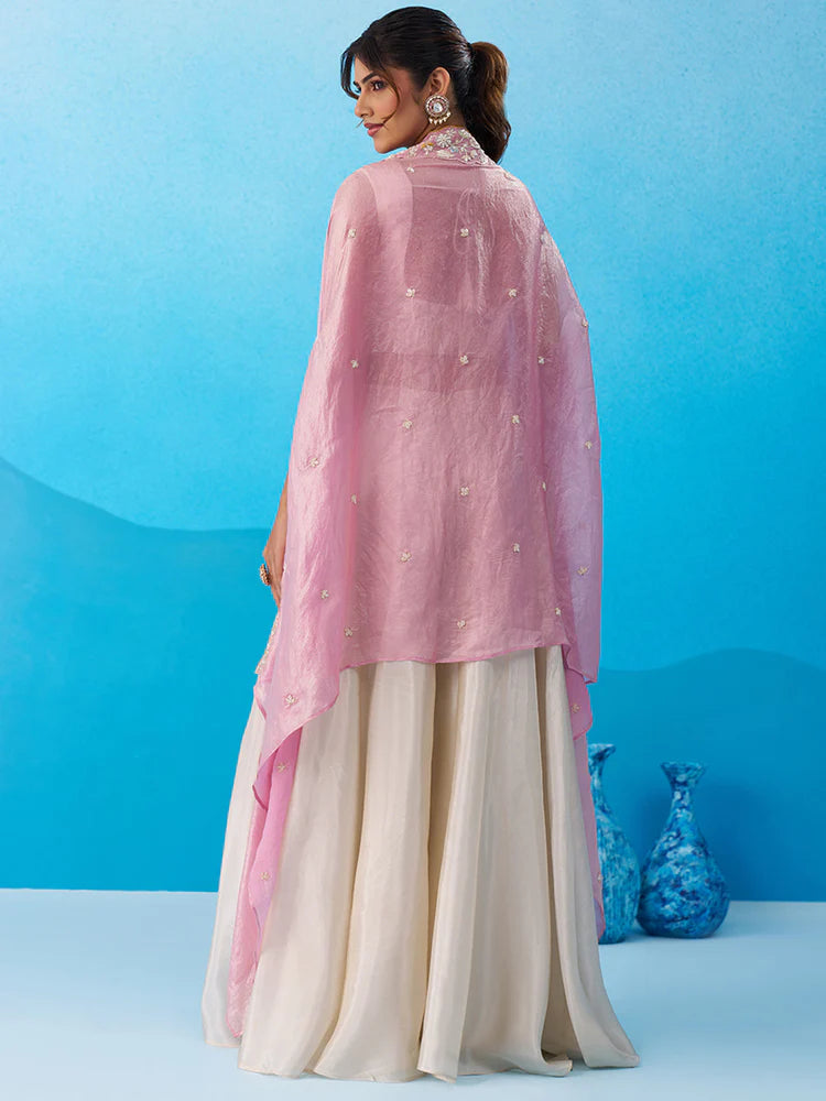 Cream &amp; Pink Embroidered Co-Ord Set with Cape
