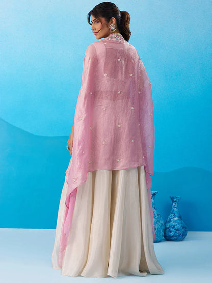 Cream &amp; Pink Embroidered Co-Ord Set with Cape