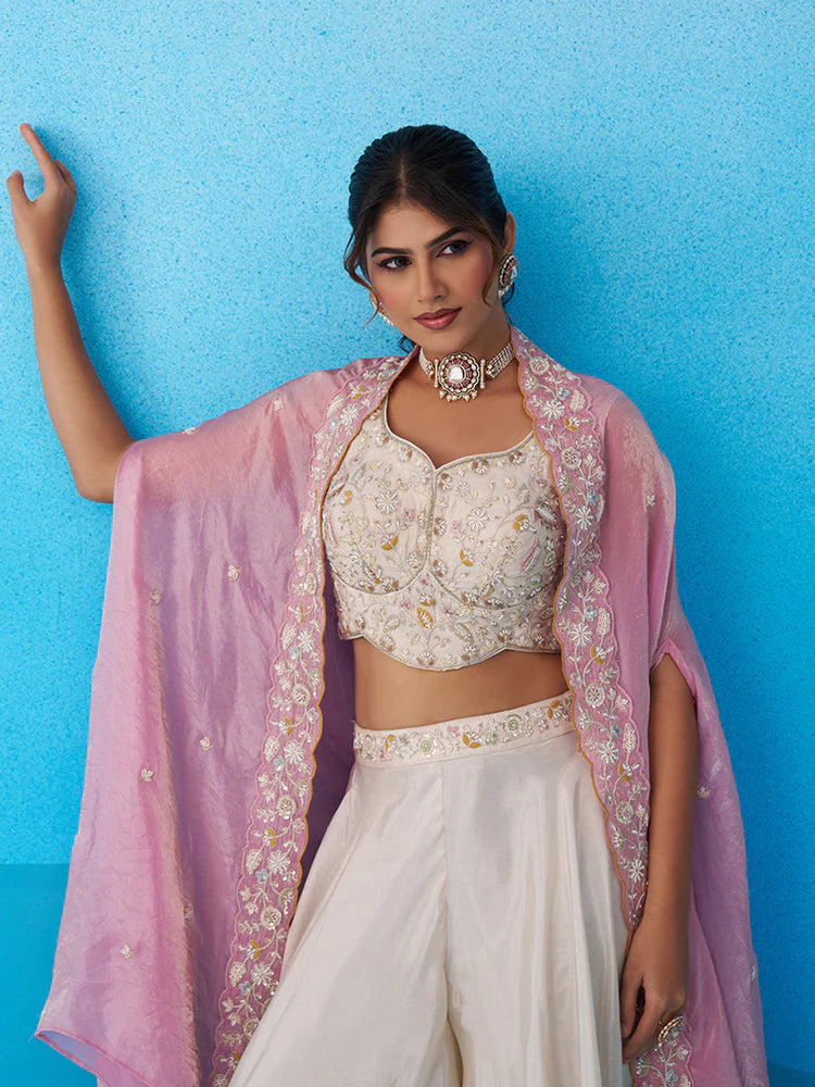 Cream &amp; Pink Embroidered Co-Ord Set with Cape