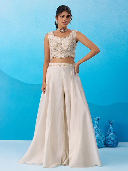 Cream &amp; Pink Embroidered Co-Ord Set with Cape
