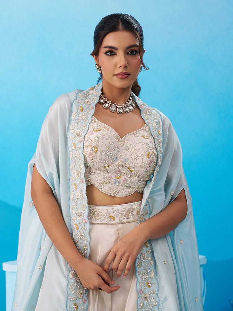 Cream &amp; Sky Blue Embroidered Co-Ord Set with Cape for Women