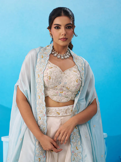 Cream &amp; Sky Blue Embroidered Co-Ord Set with Cape for Women