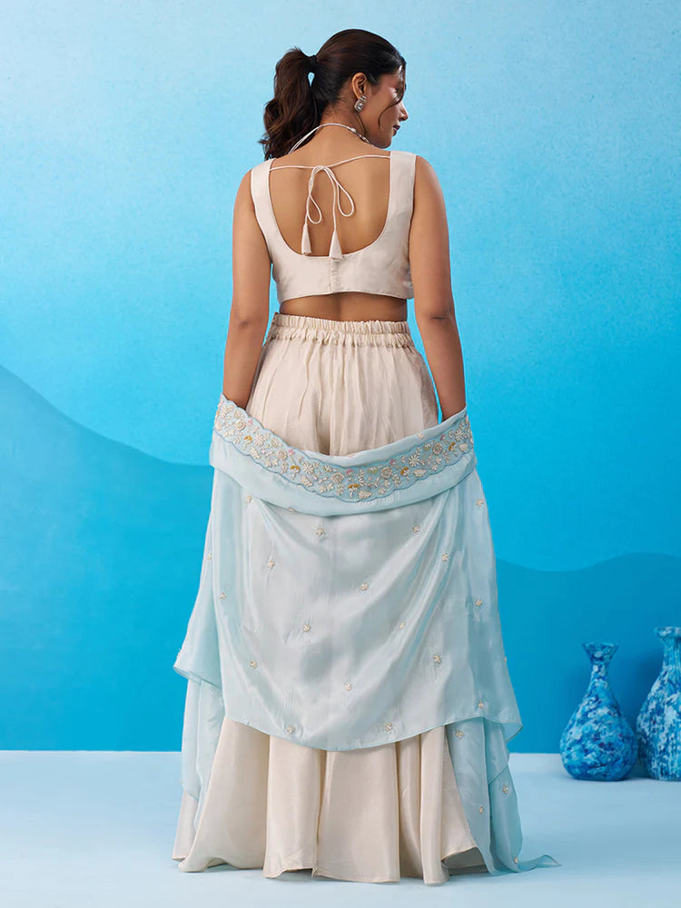 Cream &amp; Sky Blue Embroidered Co-Ord Set with Cape for Women