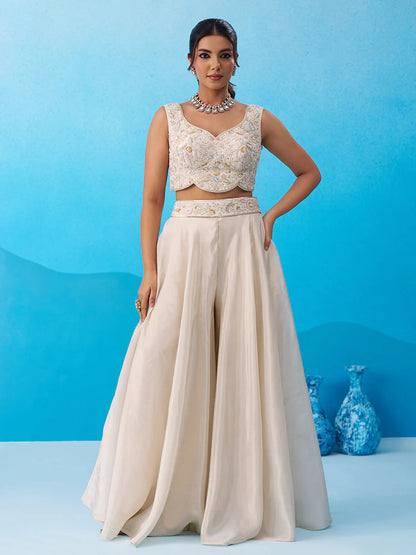 Cream &amp; Sky Blue Embroidered Co-Ord Set with Cape for Women