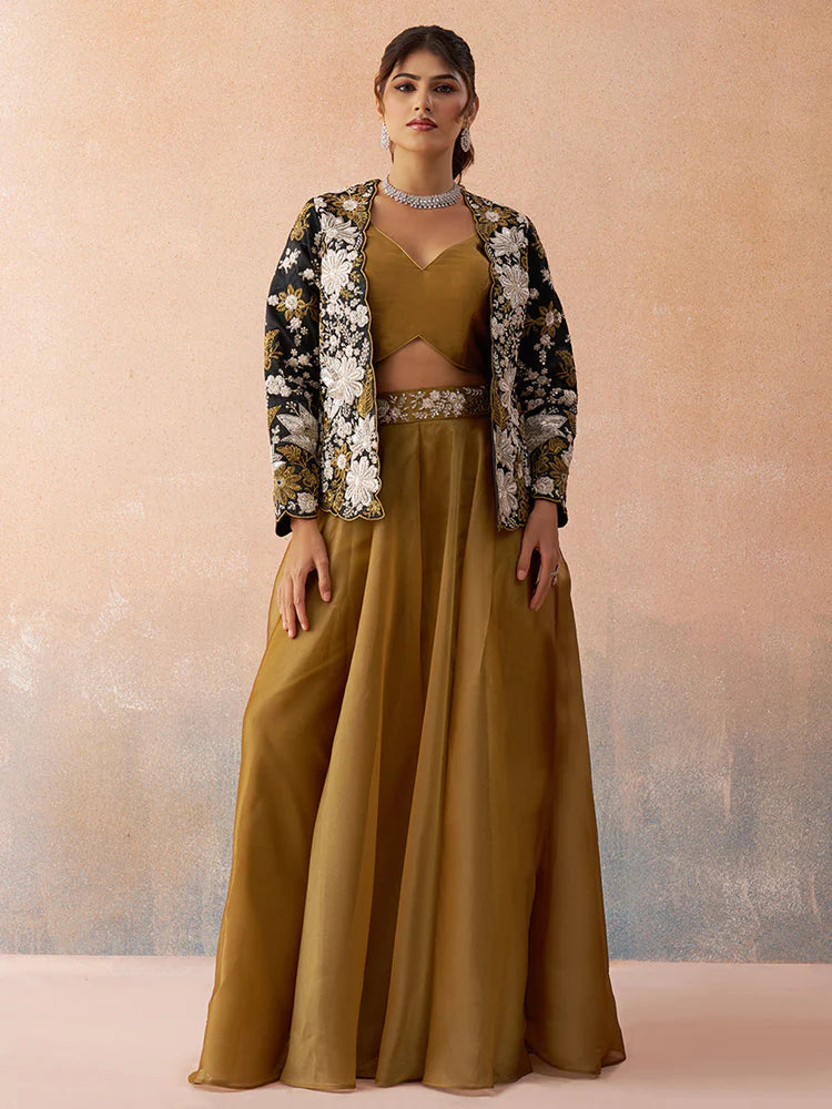 Golden Mustard Co-Ord Set with Black Embroidered Jacket