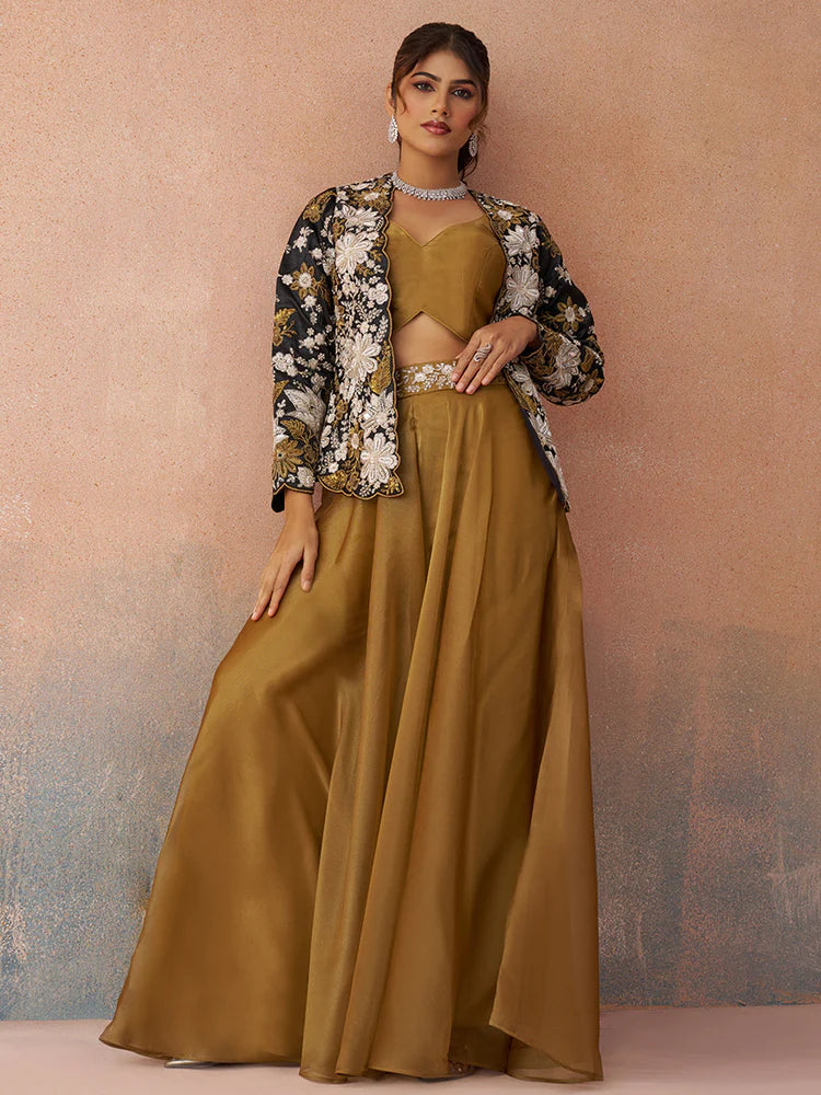 Golden Mustard Co-Ord Set with Black Embroidered Jacket