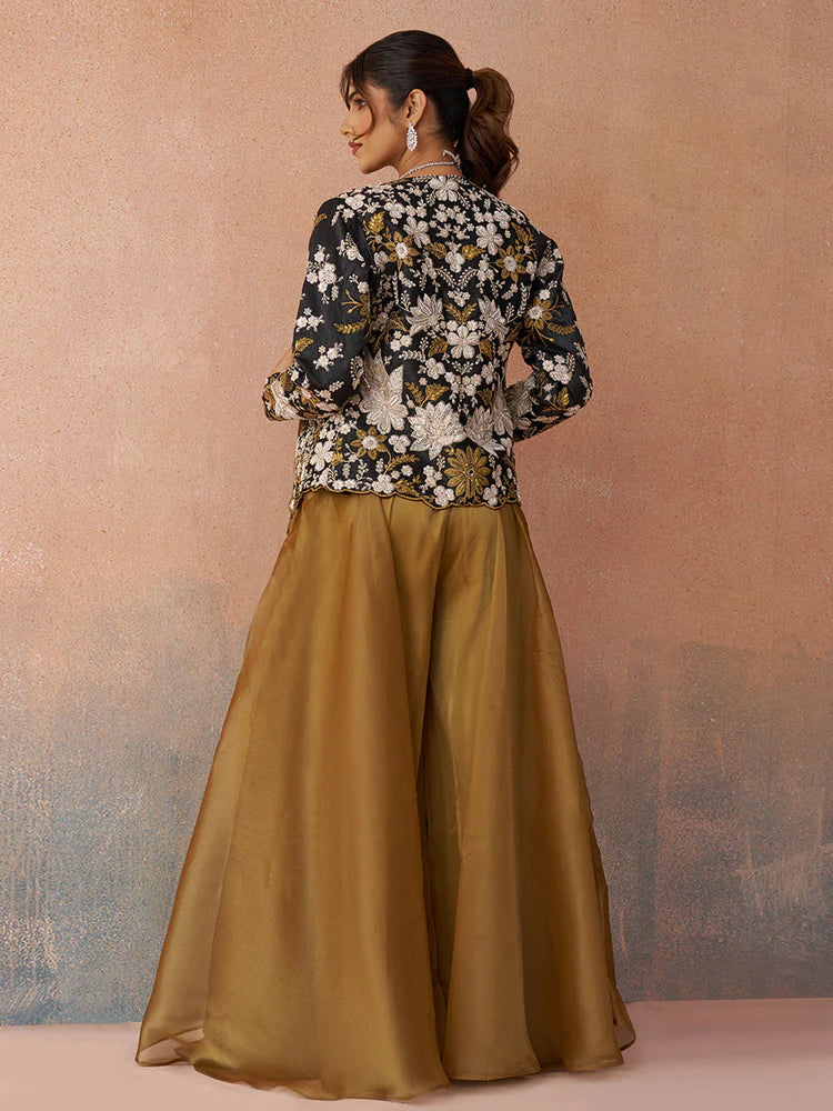 Golden Mustard Co-Ord Set with Black Embroidered Jacket