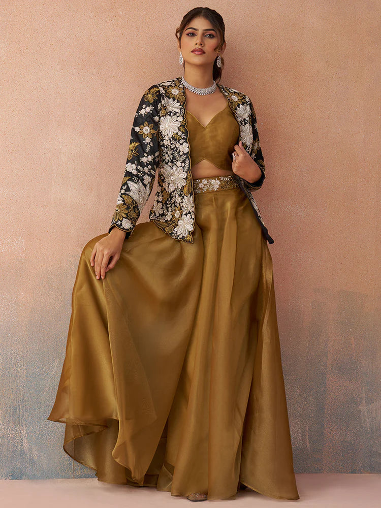 Golden Mustard Co-Ord Set with Black Embroidered Jacket