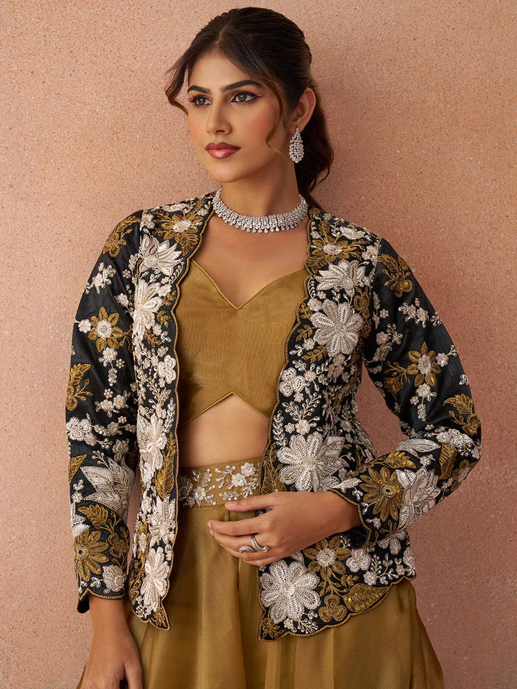 Golden Mustard Co-Ord Set with Black Embroidered Jacket