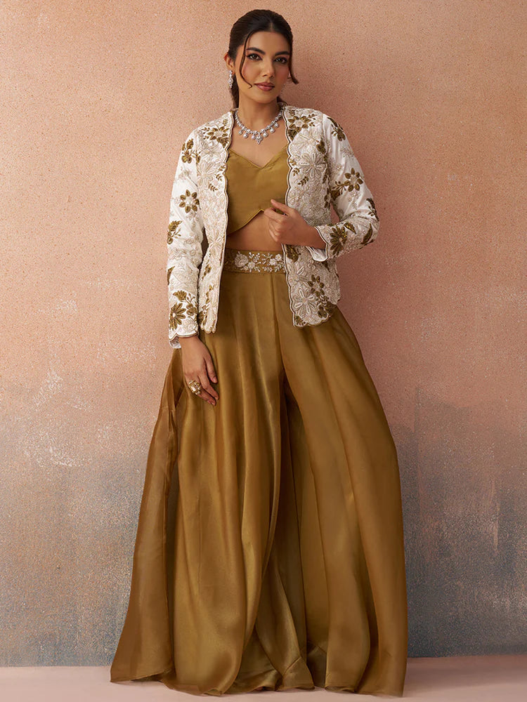 Golden Mustard Co-Ord Set with White Embroidered Jacket